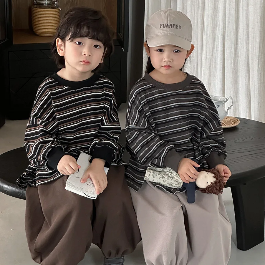 خريف 2025 تي شيرت للأطفال بأكمام طويلة مخطط للجنسين تي شيرت قطني مريح غير رسمي للأولاد والبنات من سن 1 إلى 8 سنوات #5