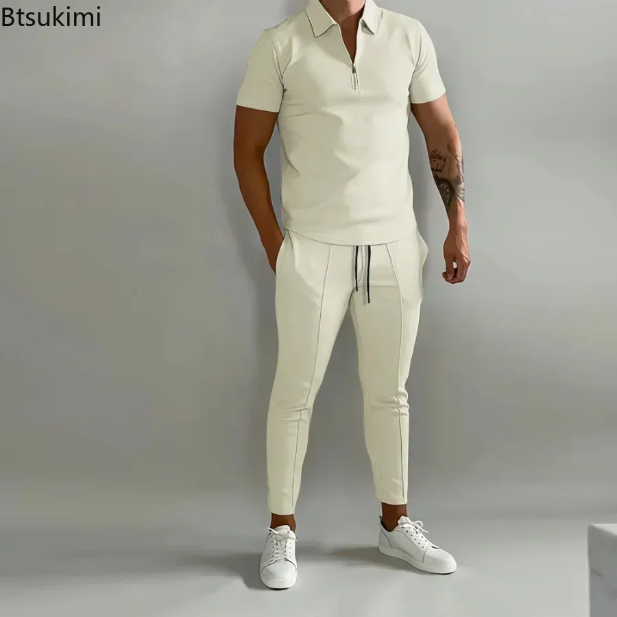 2024 Spring Summer Men Tracksuits Fashion Casual Two Piece Set Solid Slim Polo Shirt and Pants Sport Suit Men's Sportwear Outfit