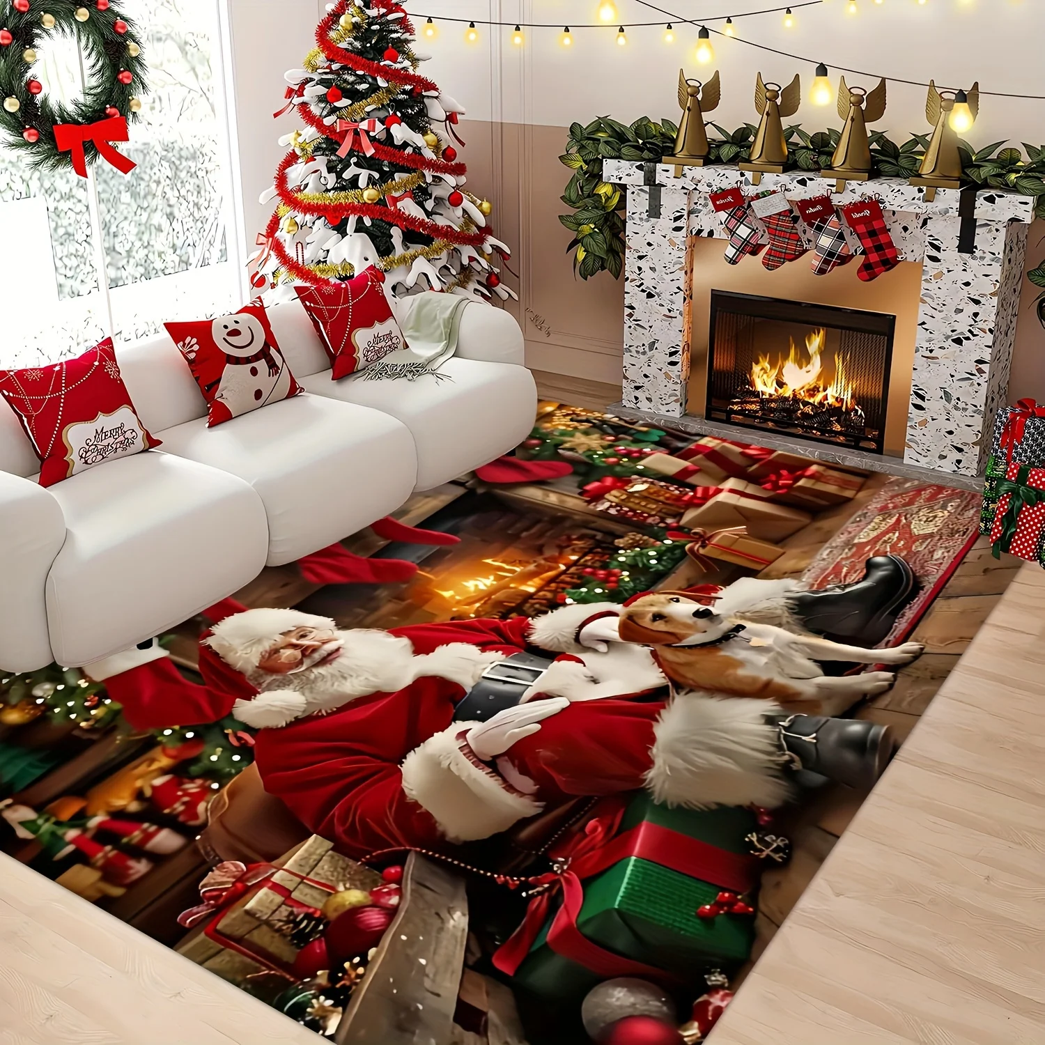 Merry Christmas Banner Red Carpet Santa Claus Profile Pattern Large Area Rug Pine Needle Bowknot Floor Mat Home Decor