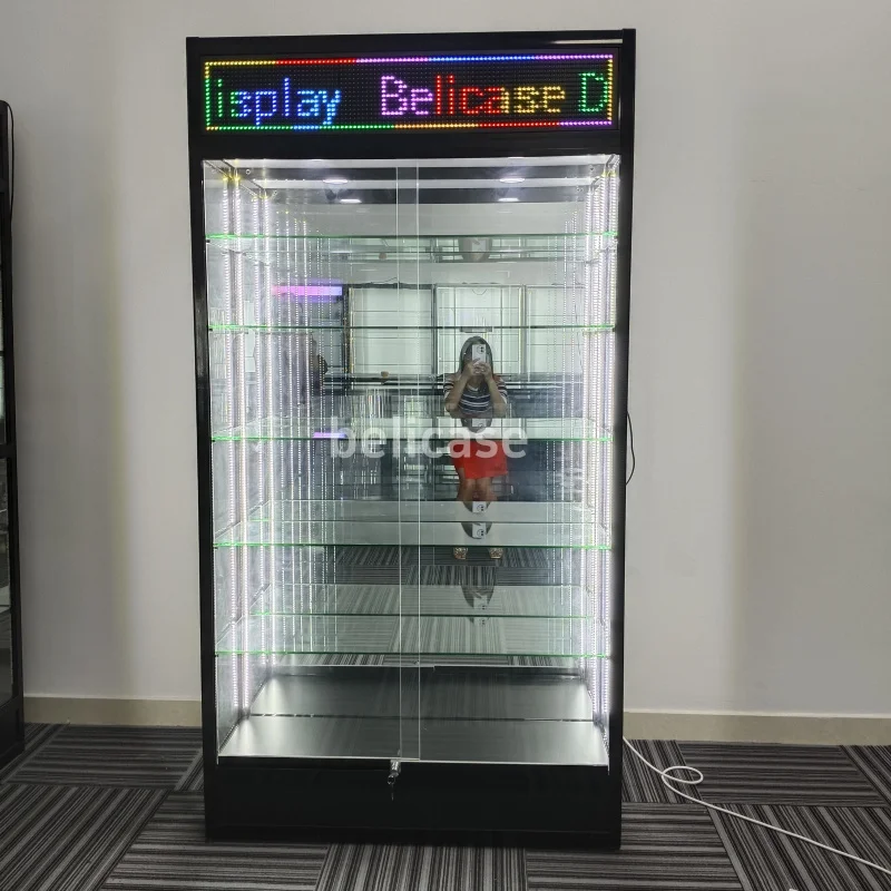 (customized)China Glass Display Showcase with Logo Digital Screen Floor Standing Window Cabinet with LED Light Smoke Shop Fixtur