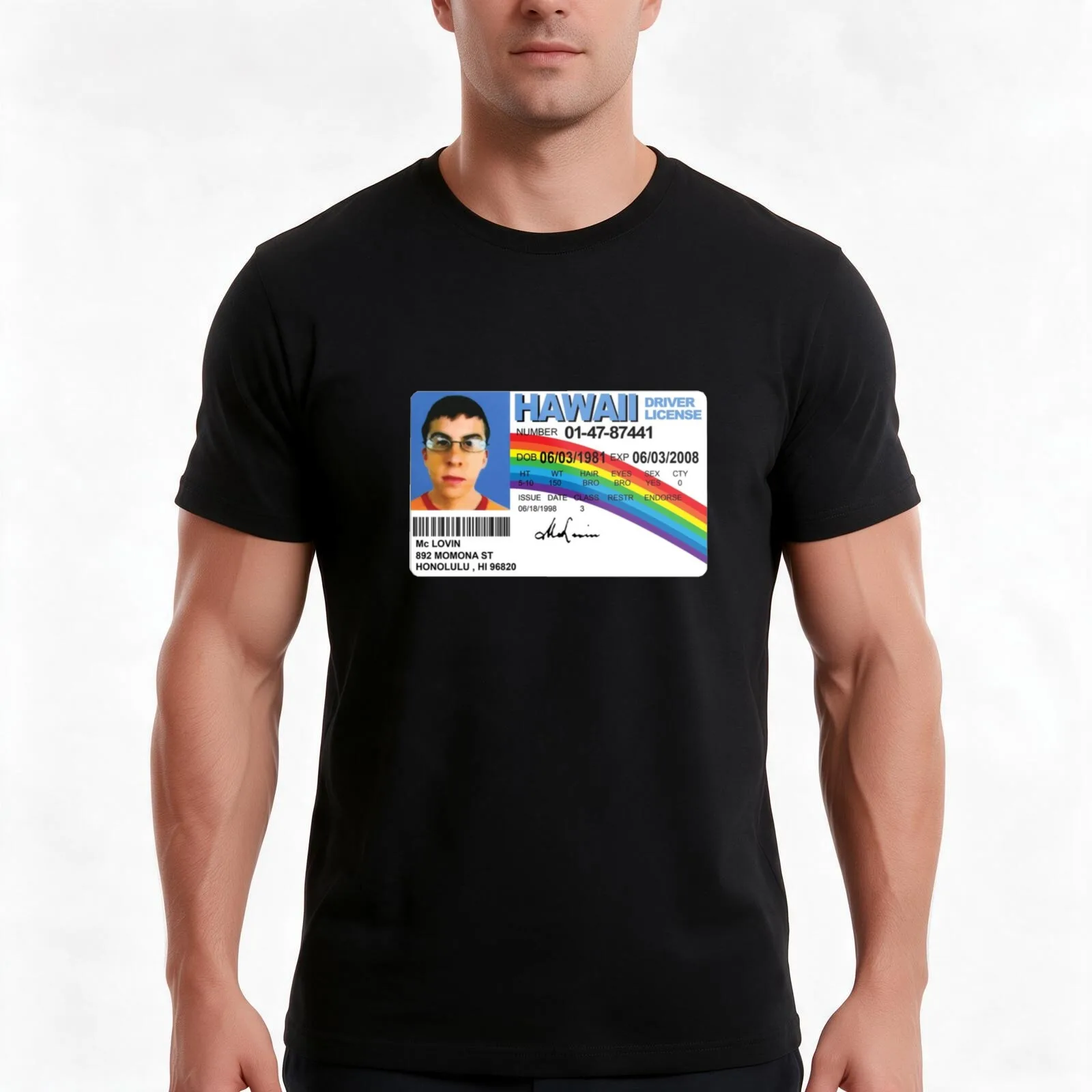 McLovin Superbad ID T-Shirt, Summer Casual Cotton Tee, Oversized Streetwear Tops, Vintage Graphic Print, Loose Fit Short Sleeve