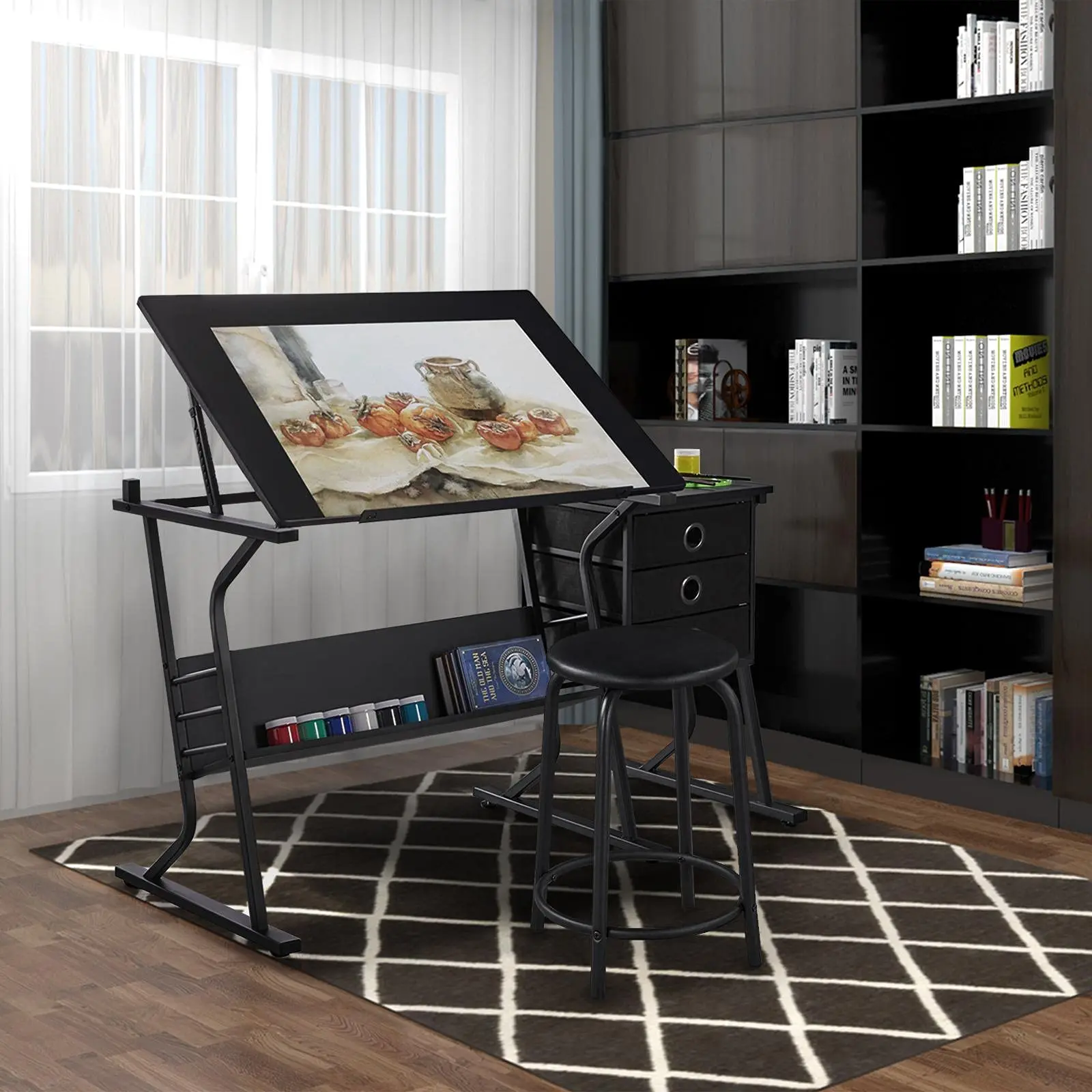 ing Drafting Table Art Craft Desk with Stool, Ders, Black
