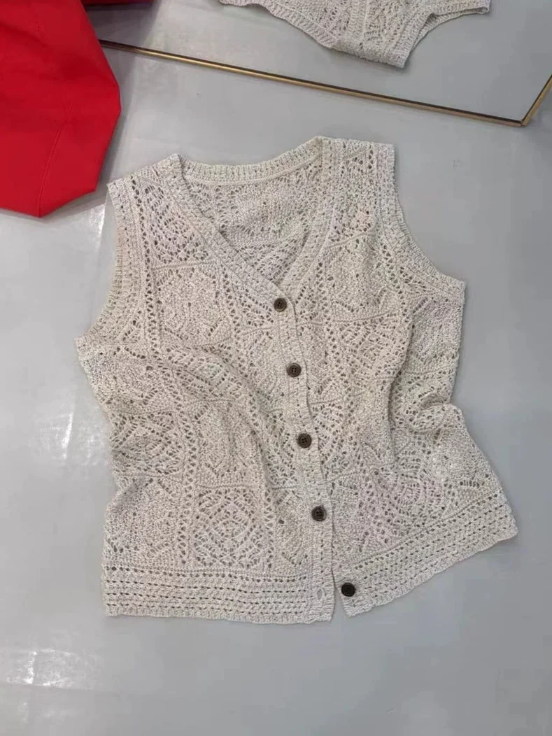 Retro Fashionable Ice Silk Knitted Vest Hollow out V-Neck Women's Summer Top Cardigan A-Line Narrow Shoulder Strap Vest