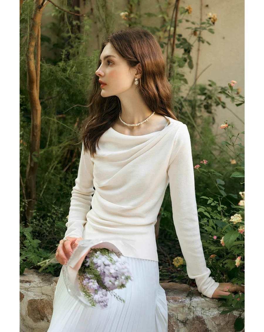 

OLrain Women's Ruffle Sweater 2025 Autumn Winter Solid Elegant Knitwears Asymmetrical Long Sleeve Tops for Woman M57CZ95633