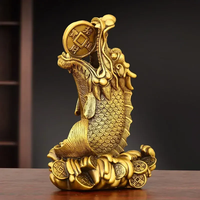 Feng Shui Copper Inviting Wealth Brass Dragon Head Fish Ornament Home Desktop Decor