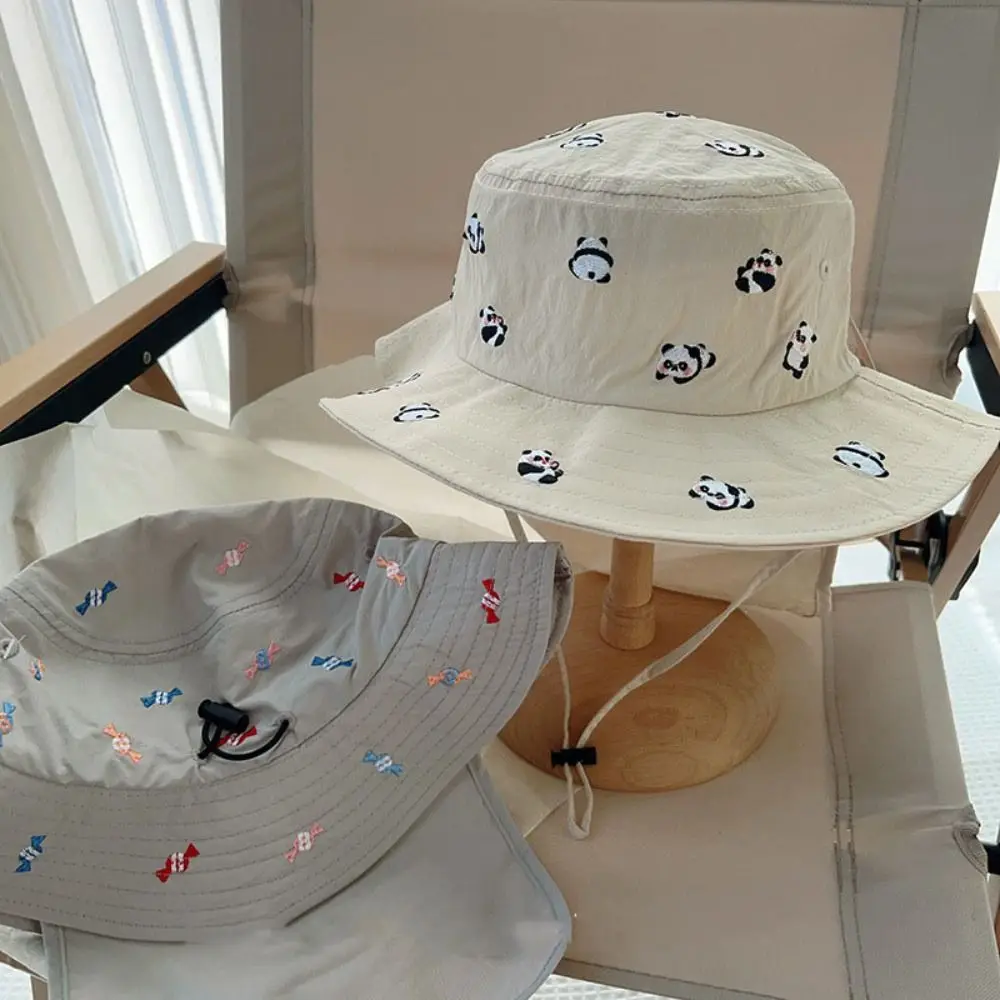 Soft Cartoon Embroidery Children Panama Cap Neck Protection Quick-dry Bucket Hat Wide Brim Sunscreen Summer Fisherman Hat Beach