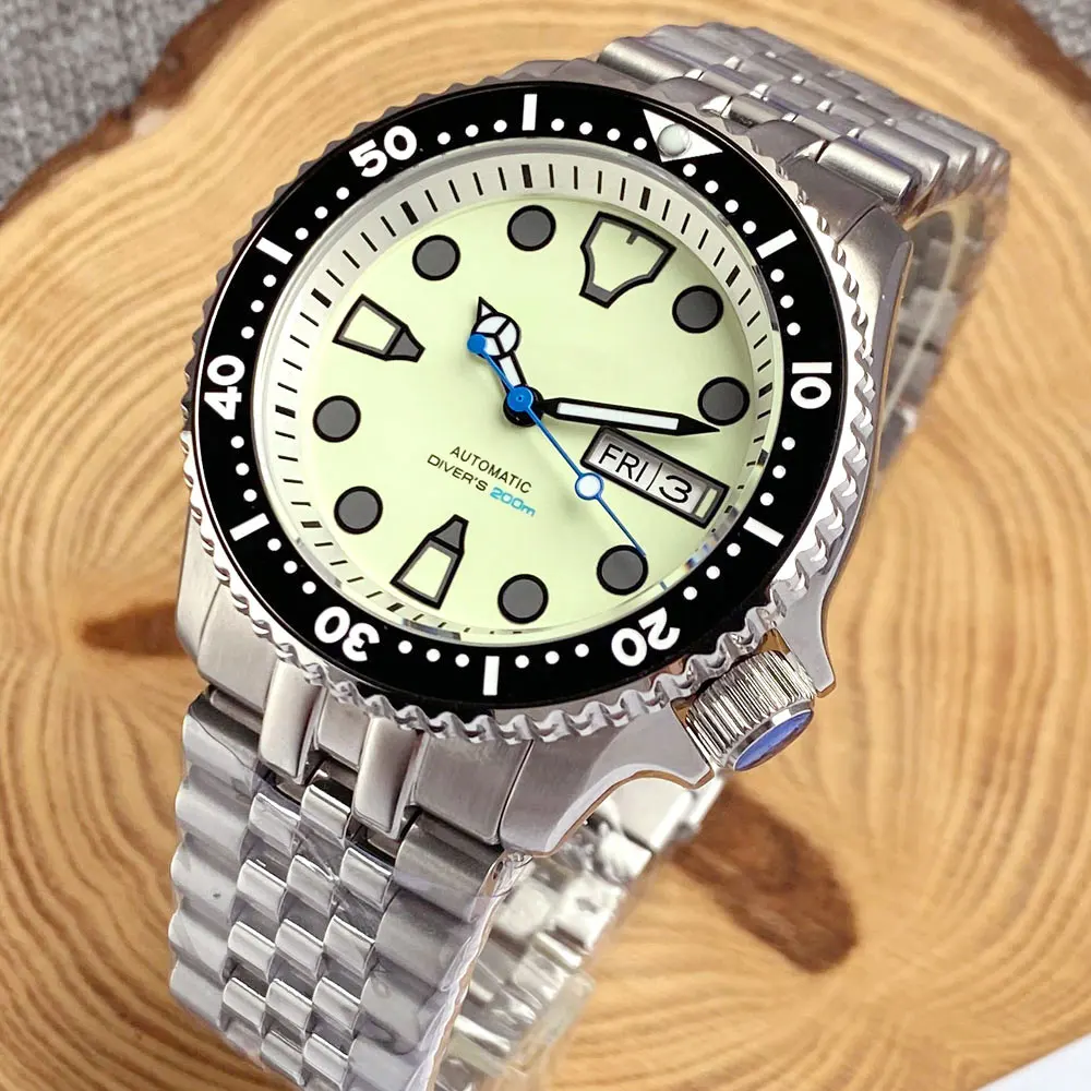 Tandorio 41mm SKX NH35A 20ATM Waterproof Dive Automatic Watch Men Green Luminous Dial Sapphire Glass Stainless Steel Bracelet