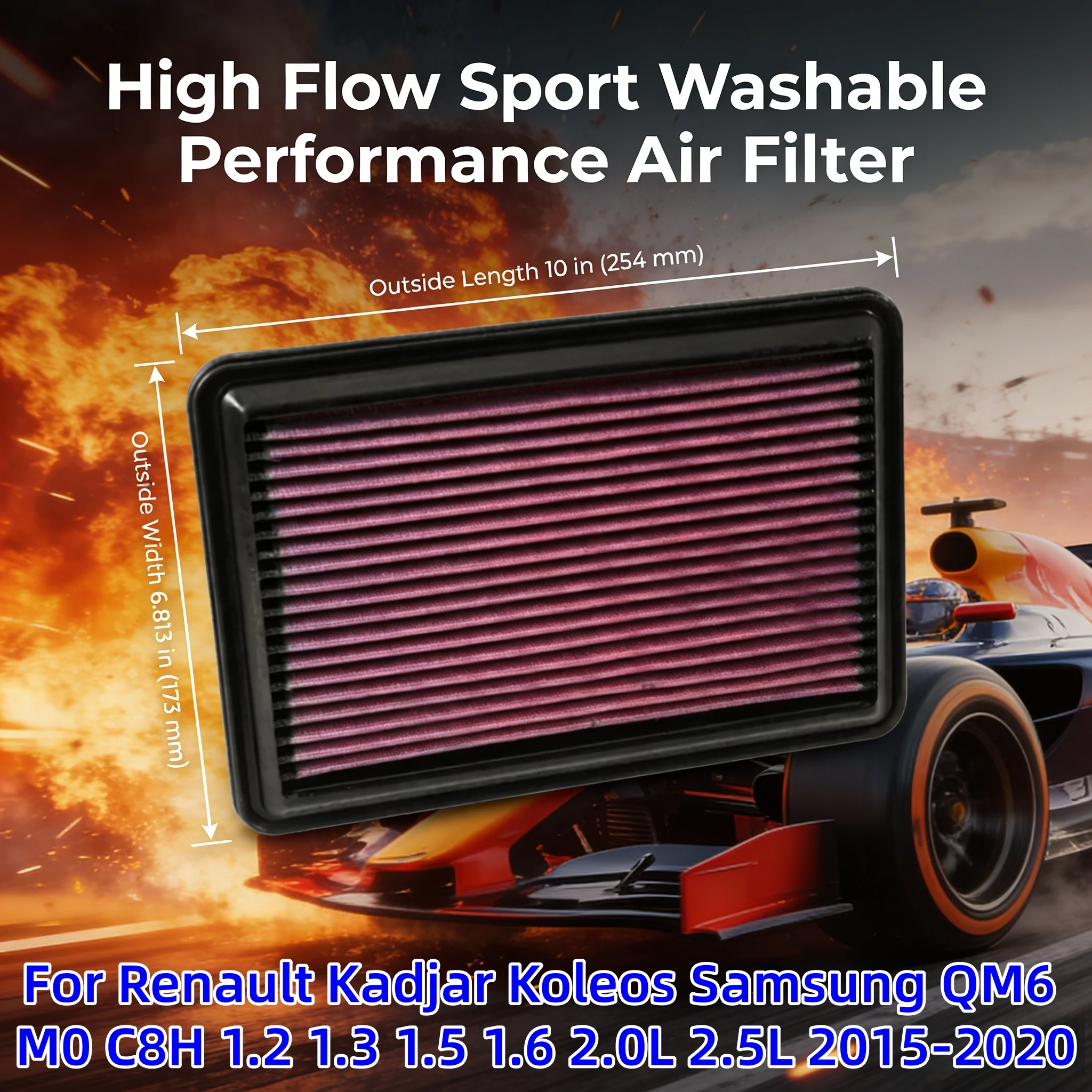 

For Renault Kadjar Koleos Samsung QM6 M0 C8H 1.2 1.3 1.5 1.6 2.0L 2.5L 2015-2020 High Flow Sport Washable Replacement Air Filter