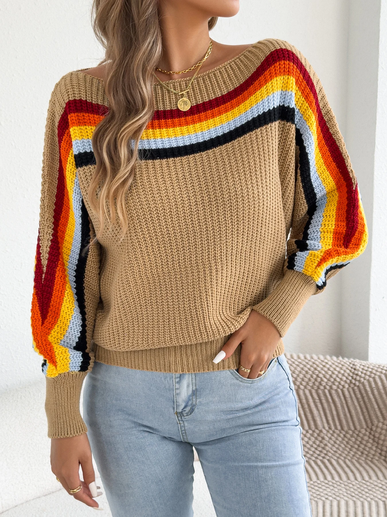 2025 موضة التباين اللون مخطط البلوزات النساء الخريف الشتاء عادية الجولة الرقبة فانوس كم طويل بلوفر مغزول