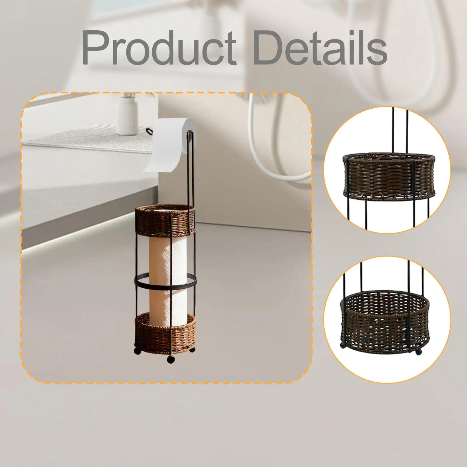 Freestanding Toilet Paper Holder Stand Natural Woven Storage Bathroom Tissue Roll Dispenser for Home or Hotel