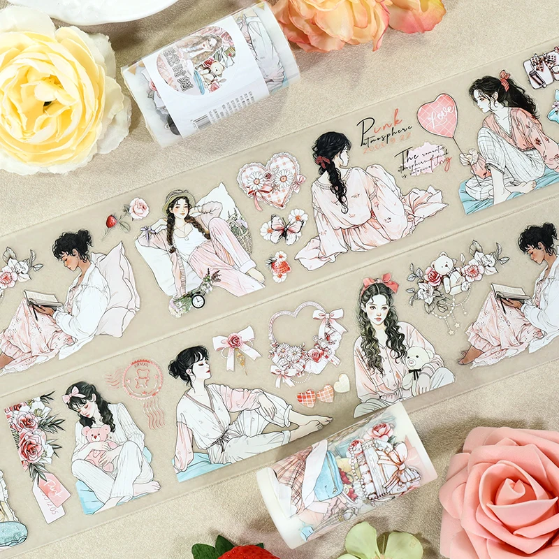 2m/Roll Pre-Cut Pink Lazy Lady PET Washi Tape Pajama Flower Transparent Stickers Decorative Adhesive Tape For Diary Scrapbooking