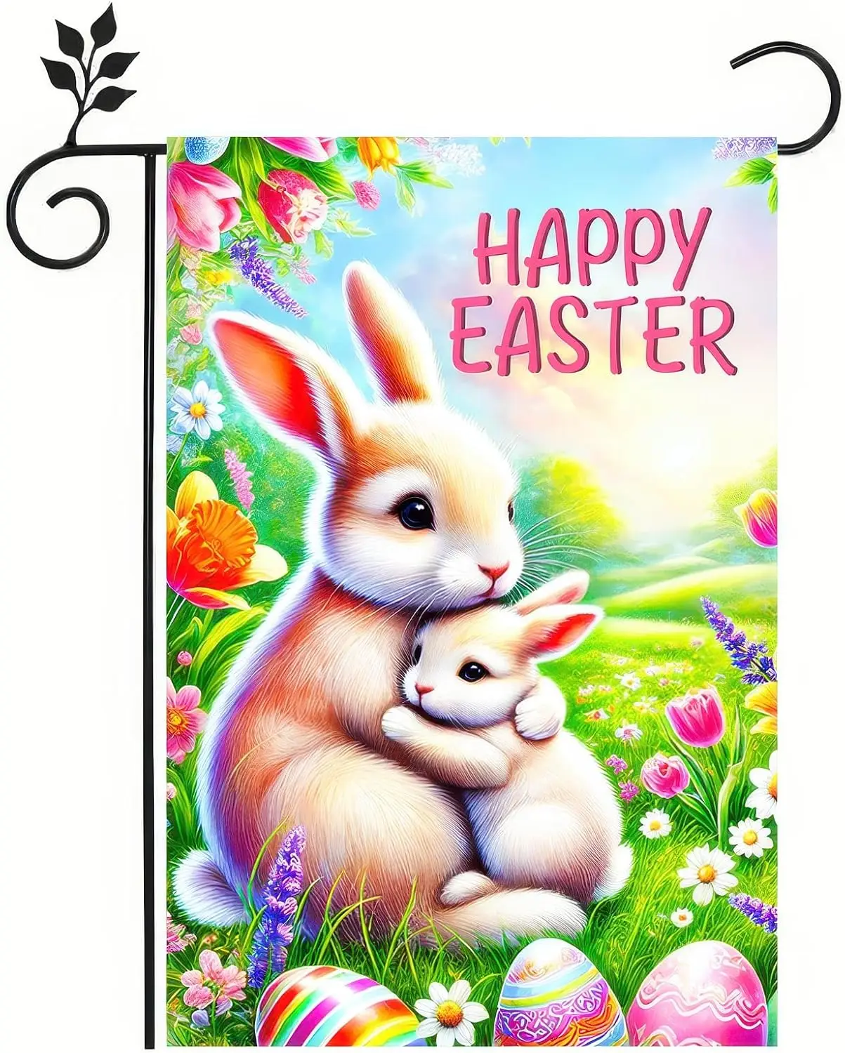 Happy Easter Garden Flag 12x18 Inch Double Bunny Floral Colorful Eggs Flags Easter Decor for Outside Yard Porch Outdoor Bann SSL