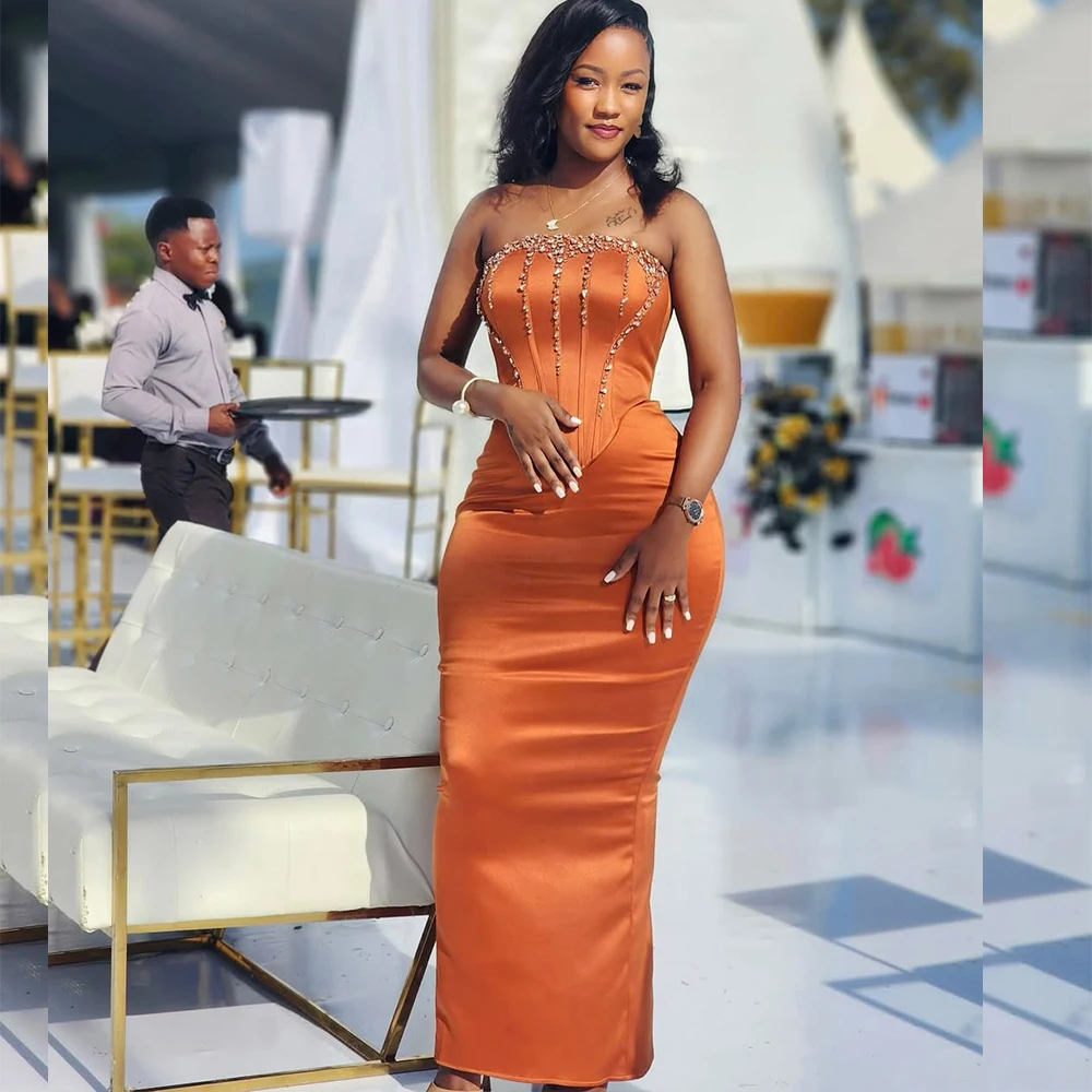 

2025 Bridesmaid Dresses Strapless Straight Back Vent Ankle Length Beads Africa Women Wedding Guest Party Gowns Customized