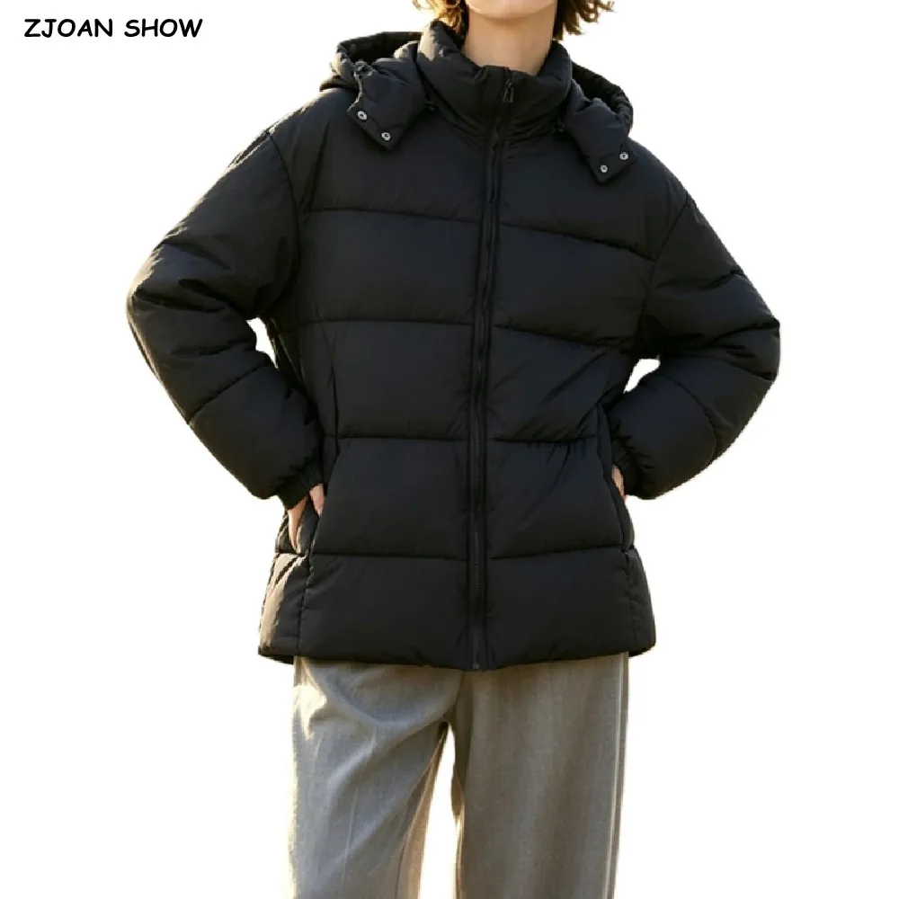 New Winter Fashion Women Black Zipper Up Bread Parka Coat Woman Stand Collar Removable Hooded Long Sleeve Midi Long Outerwear