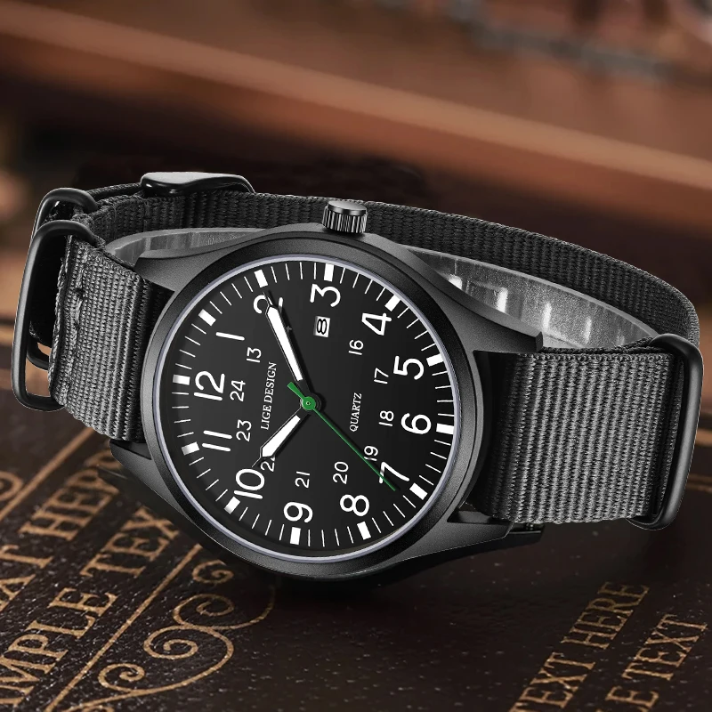 LIGE Design Fashion Quartz Man Watch Simple Outdoor Casual Sport Date 24-Hour Display Nylon Waterproof Luminous Watches for Mens