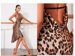 Vestido de leopardo negro para mujer, traje sexy de competición latina, Salsa, Cha, Cha, Samba, Rumba, 2227