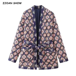 Winter Paisley Flower Print V neck Quilted Jacket Ethnic Women Tie Bow Sashes Quilting Full Sleeve Coat BOHO Midi Outerwear