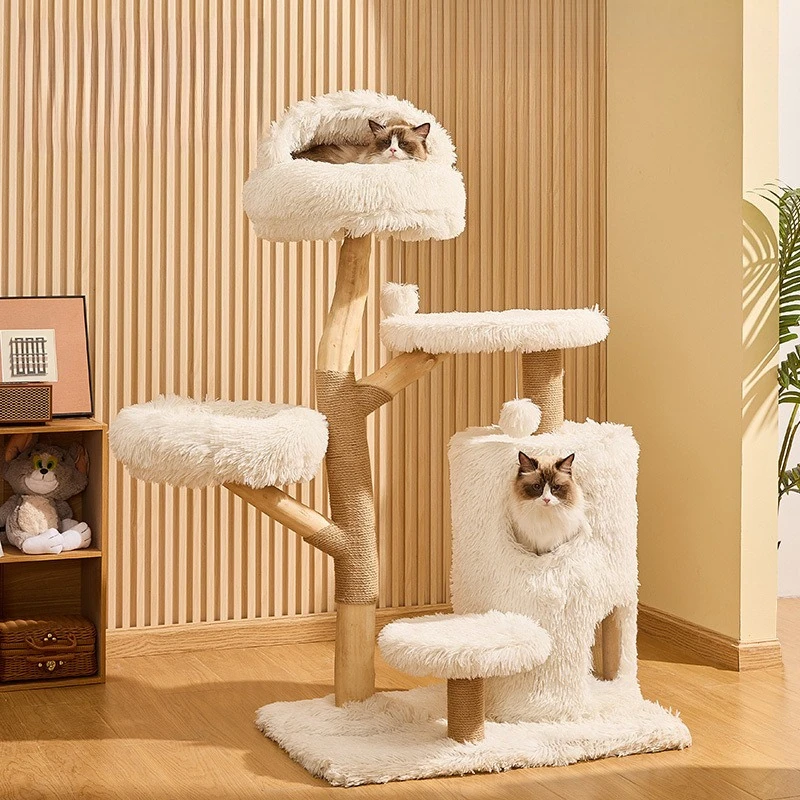 Rak panjat kucing dari kayu solid, hangat di musim dingin, rangka panjat kucing dari batang pohon kayu buah yang lucu