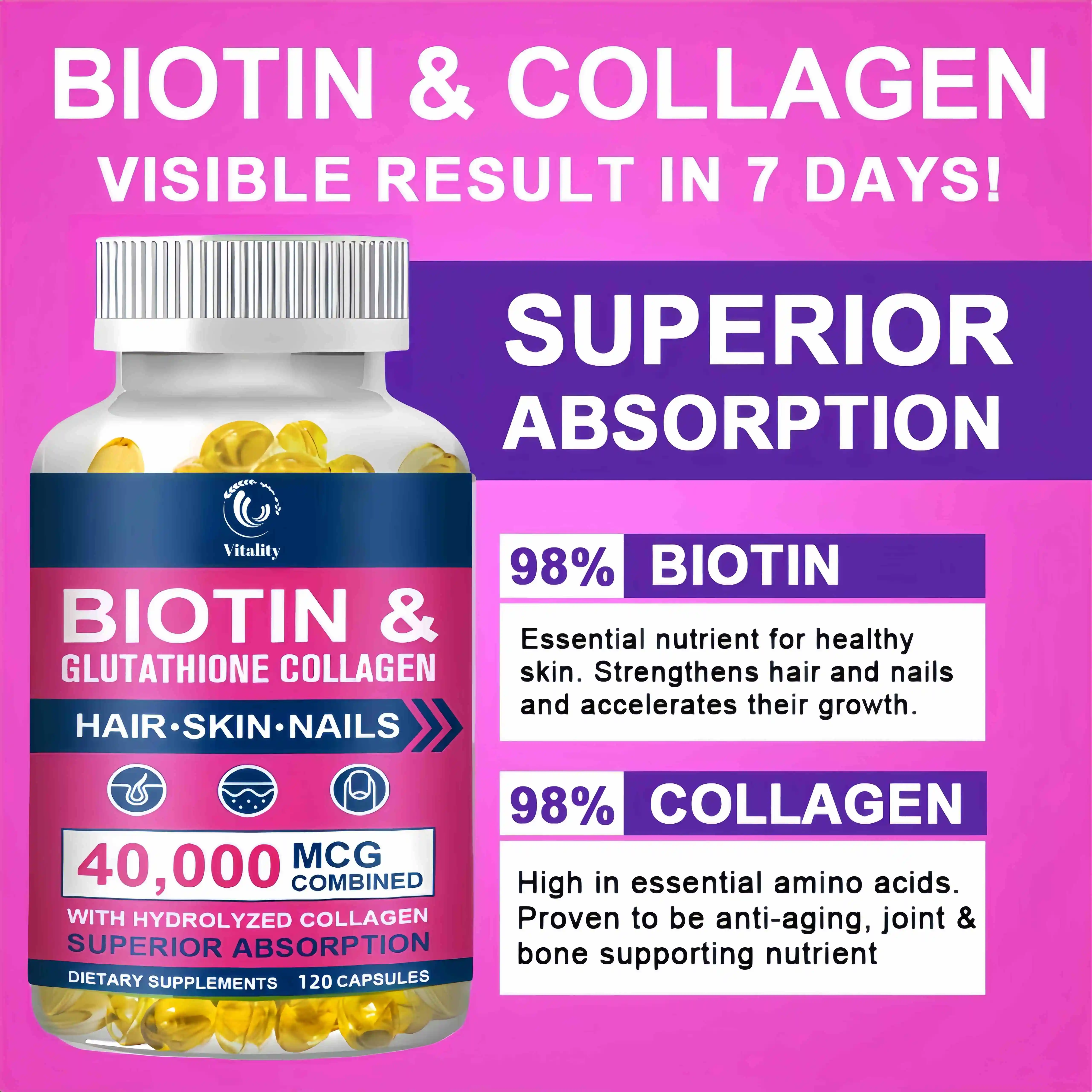 Collagen and Biotin Capsules Biotin for Hair Growth Healthy Nails &Skin Hair Farming Supplement Beauty Health Skin Care