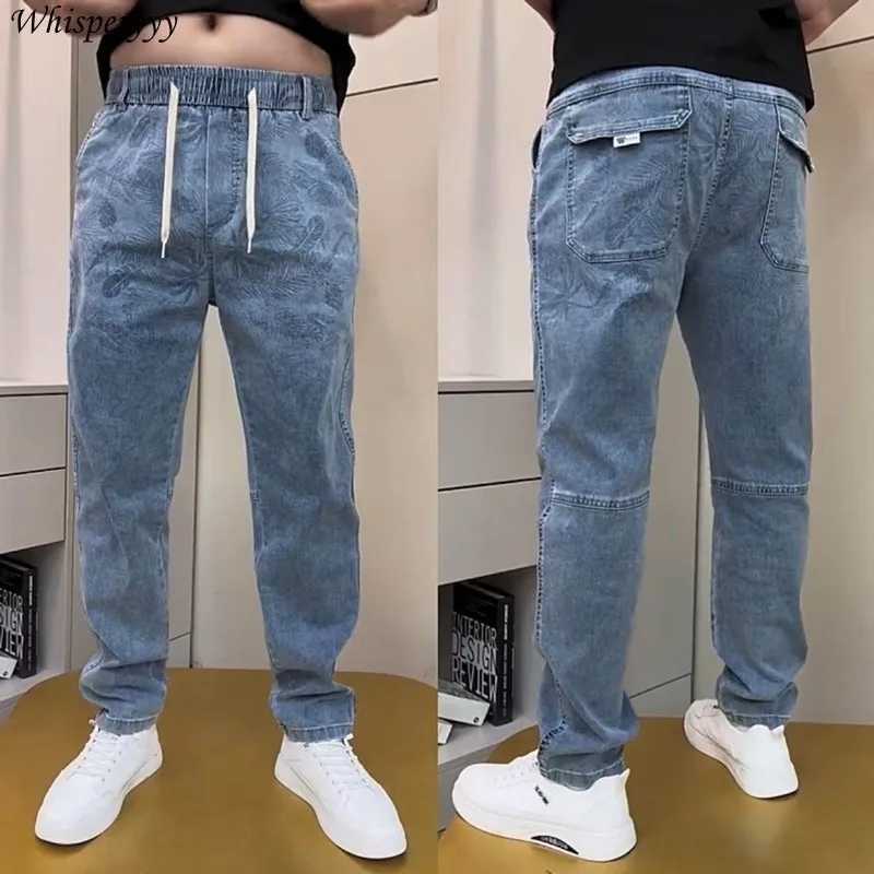 

Spring Autumn New Men's Jeans Fashion Elastic Waist Drawstring Straight Leg Pants Casual Denim Trousers Loose Pantalon Homme