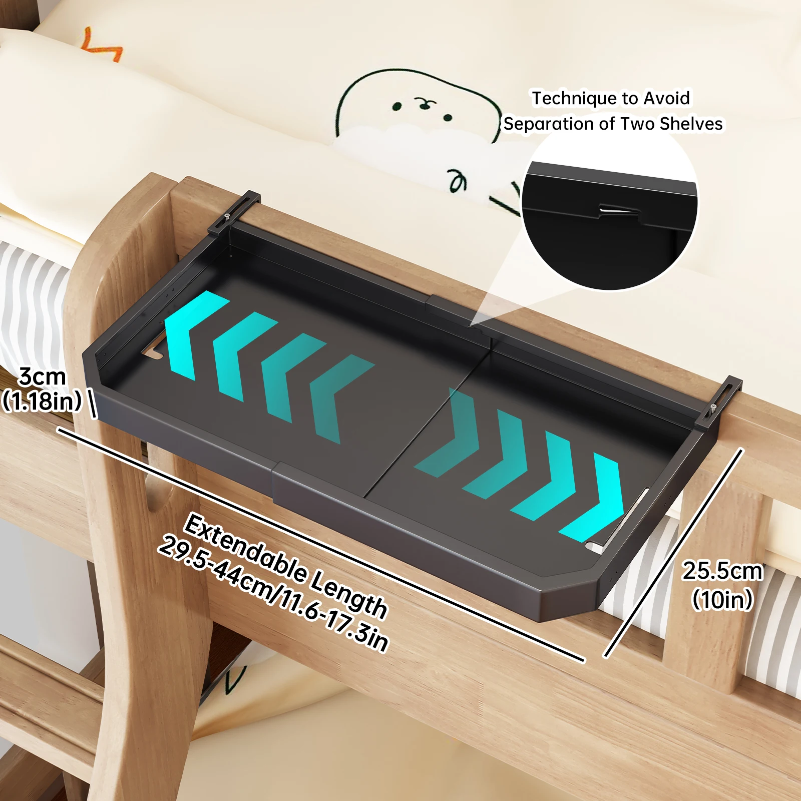 1Pc No-Drill Clip-On Bedside Storage Tray, Adjustable and Extendable Hanging Bedside Shelf Storage Basket for Bedroom Dormitory Bunk Beds, Space-Saving Storage for Miscellaneous Items No Drill Hanging Nightstand Organizer Shelf