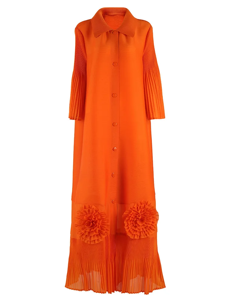 Miyake Fashion Print Pleated Long Dress Women Lapel Floral Sleeves Design Single Breasted A-line Dresses 2025 Summer New