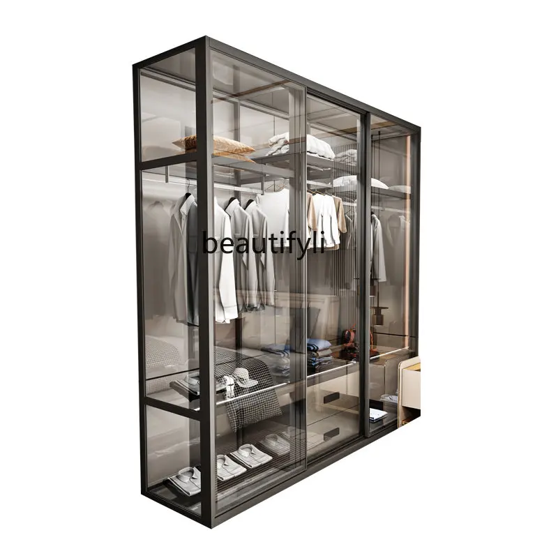 

Light Luxury Tempered Glass Wardrobe Cabinet-Trip Sliding Door Bedroom Sliding Door Cloakroom Flat Open