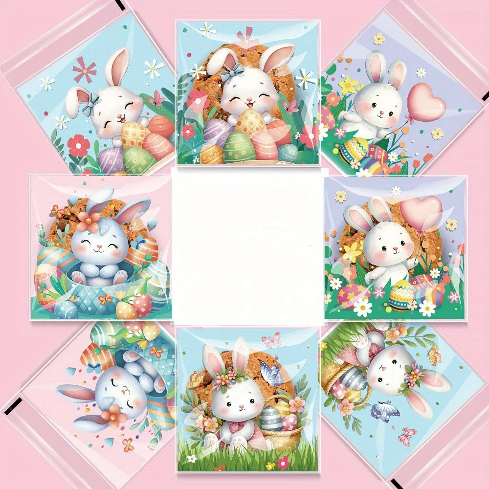 

100pcs Easter Cellophane Treat Bags Candy Cookie Sealing Bags Cute Bunny Pattern Plastic Self-Adhesive Bag Easter Party Gift Bag