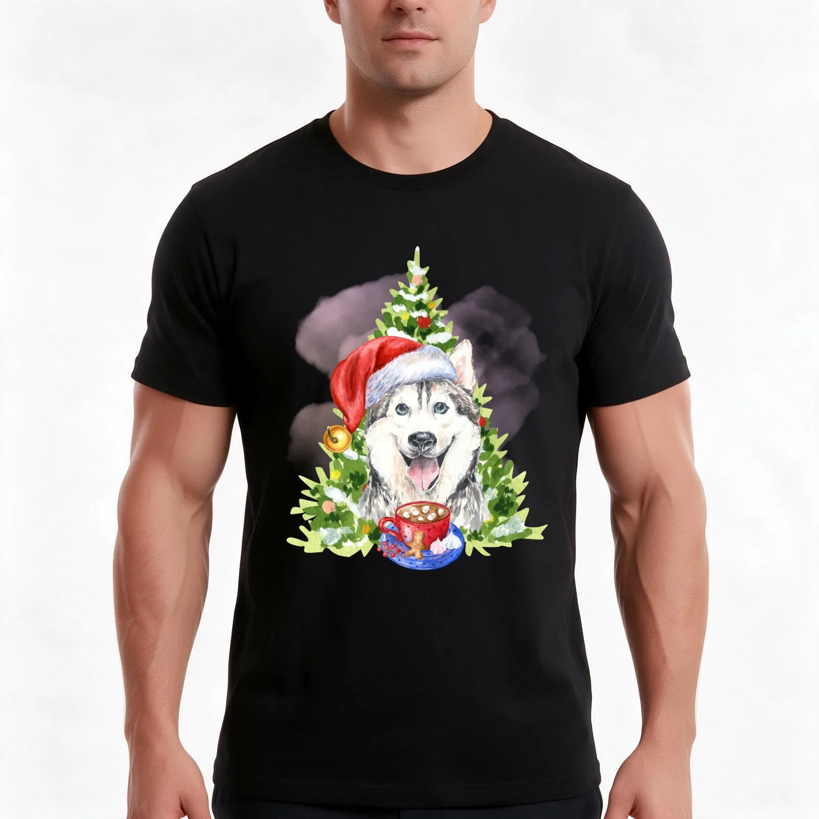 Husky Christmas : Husky With Christmas Tree And Hot Chocolate T-Shirt, Summer Casual Cotton Tee, Oversized Streetwear Tops