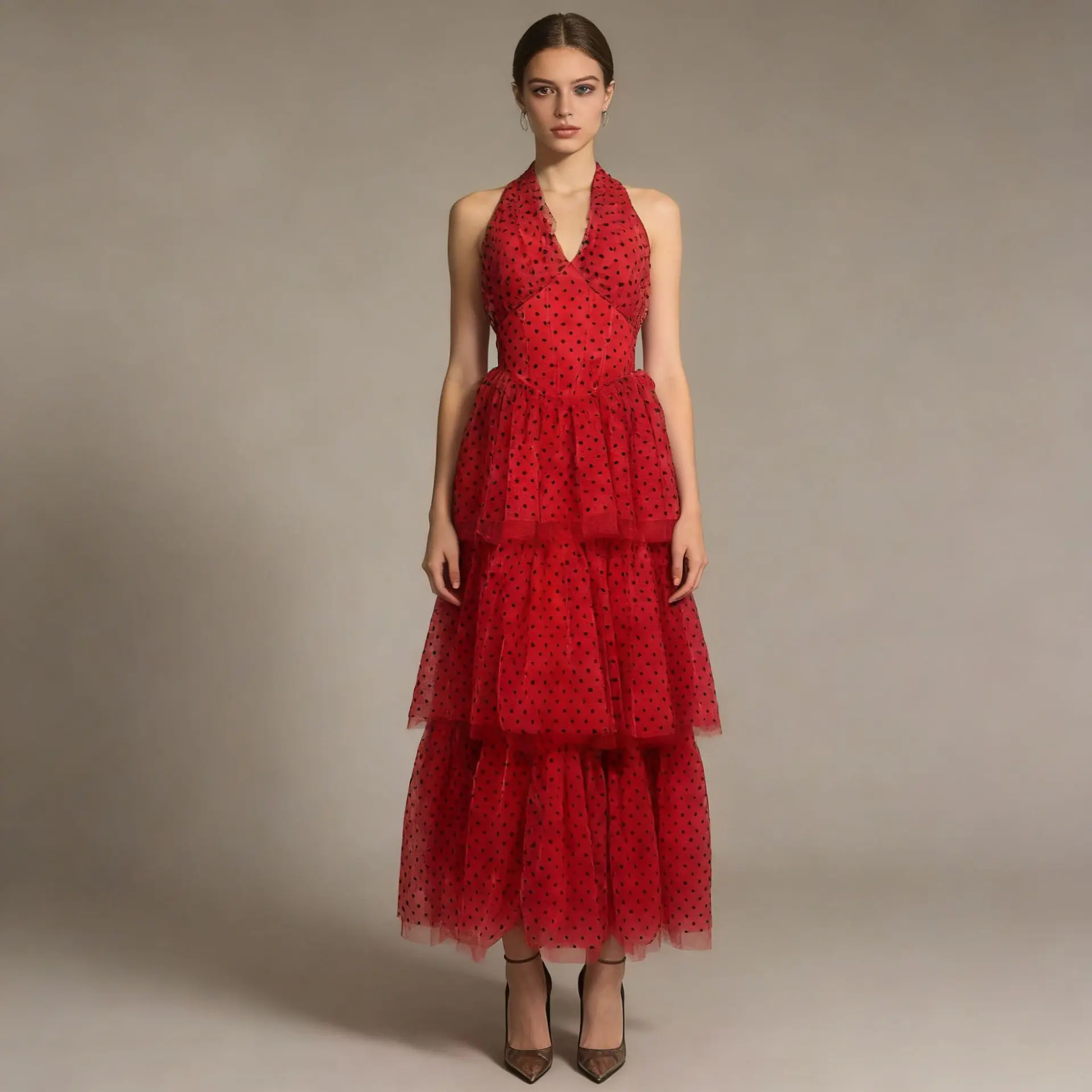 2026 verão francês elegante retro halter com decote em v vestido de noite sem mangas cintura alta a linha em camadas malha dot vestido longo para mulher