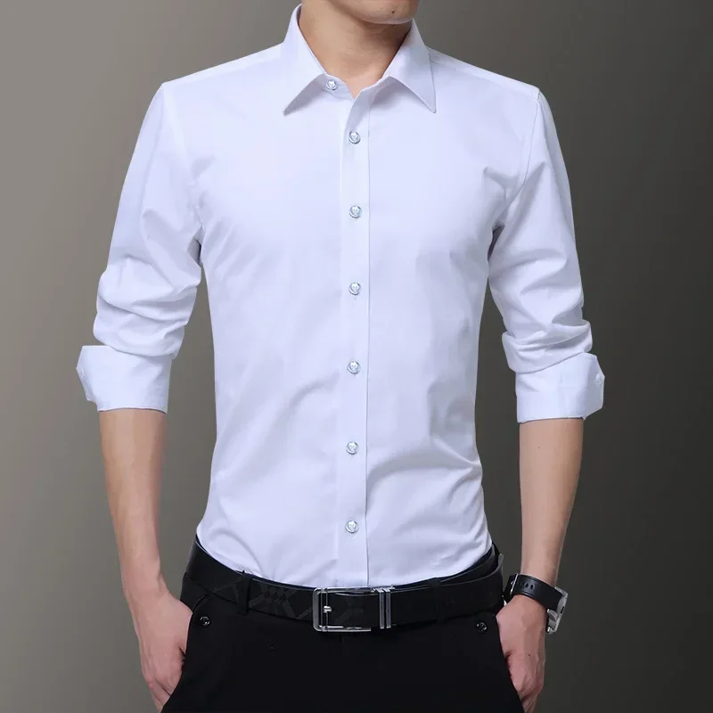 New Plus Size 6XL 7XL 8XL White Shirt Slim Solid Color Long-sleeved Shirt Business Casual Shirt Men\'s Brand Classic