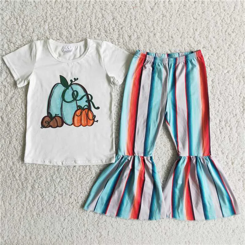 

New Summer cute Kids Girl Hot quality pumpkin print striped Flare Pants Wholesale fashion Design Boutique Outfits