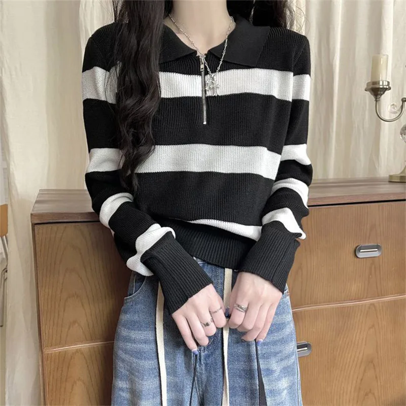 Women Clothing Fashion Striped Long Sleeve Knit Pullovers Autumn Winter New Chic Turn-down Collar Zipper Sweaters All-match Tops