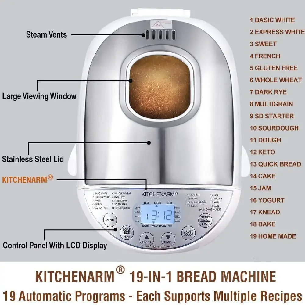 FirmHome StoreMulti-Function Bread Machine With Auto Cycle And Gluten-Free Option - Easy 2LB, 1.5LB, 1LB White Bread Maker With