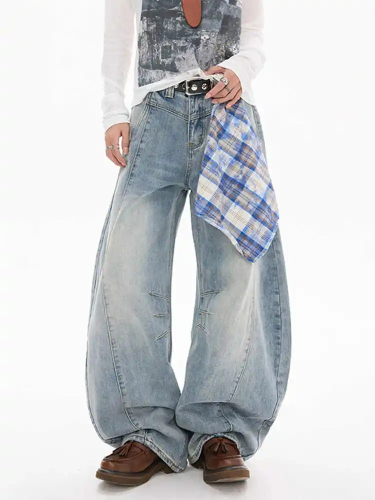 

Женские синие джинсы большого размера Y2k, винтажные широкие джинсовые брюки в стиле Харадзюку, джинсы-бойфренды в японском стиле 2000-х годов, осень 2025 г.