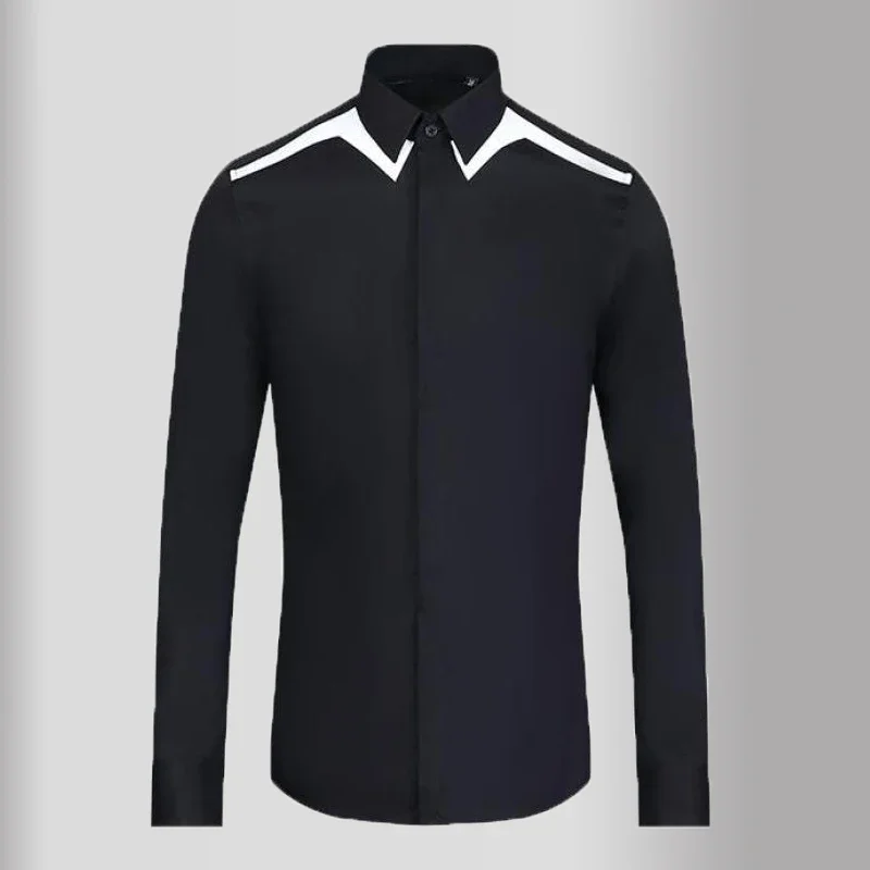 New Simple Mens Shirts Luxury Black White Shoulder Splice Long Sleeve Casual Mens Dress Shirts Fashion Slim Fit Male Shirts 3xl