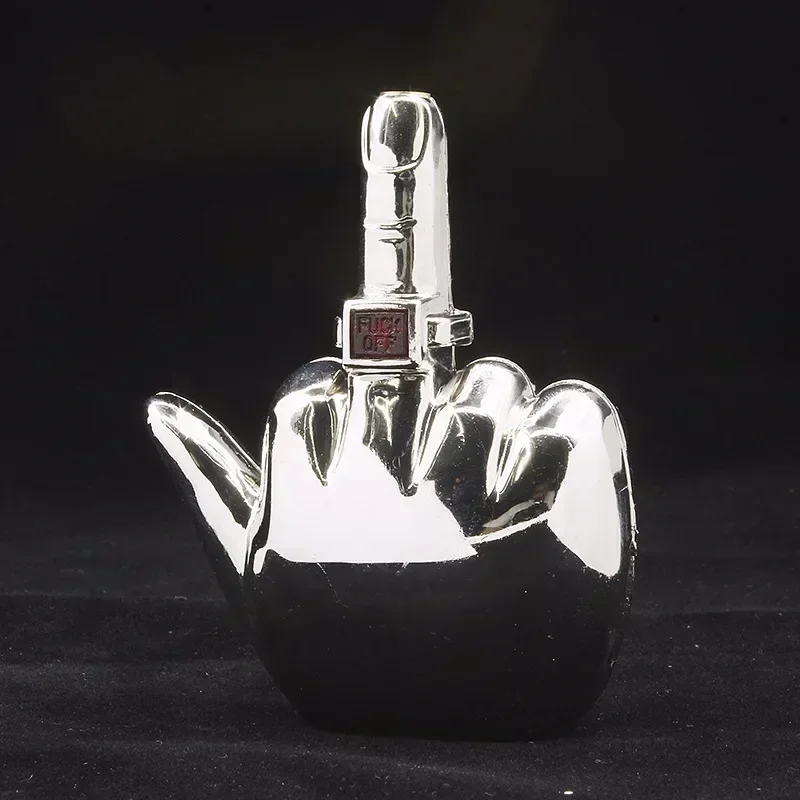Popular música criativa dedo vertical dedo médio gesto gás mais leve à prova de vento carregamento direto lanterna de metal presente masculino