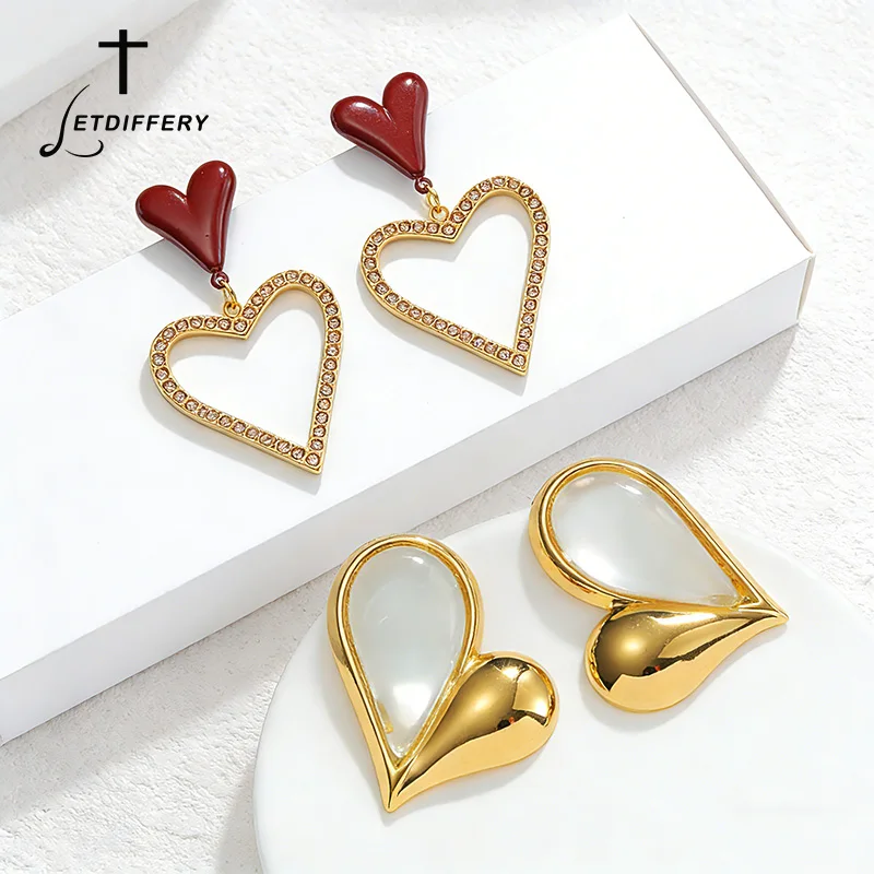 Letdiffery Retro Red Zircon Heart Earrings 18k Gold Color Stainlss Steel Irregular Dangle Women Studs Valentine's Day Jewelry