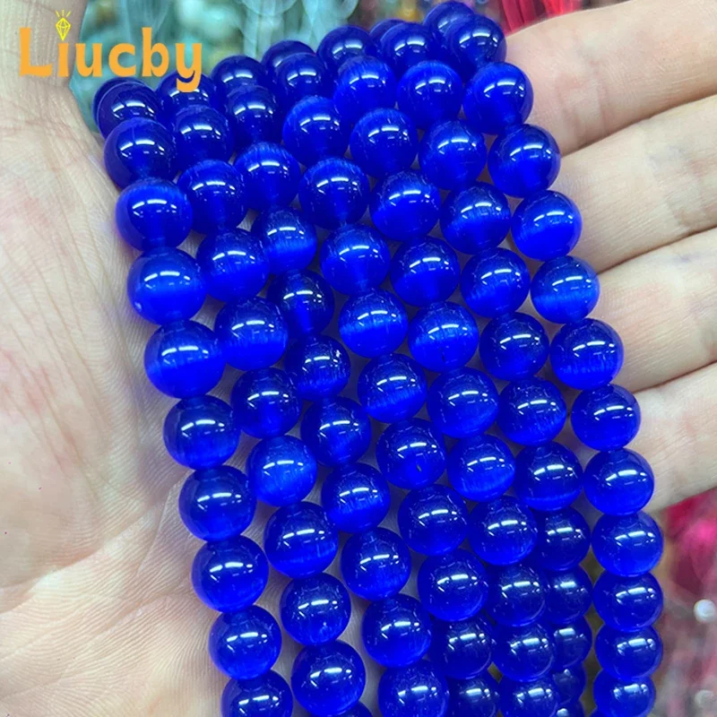 Lapislazuli-blaue, runde Perlen im „Katzenaugen“-Design, aus Naturstein, handgefertigt, zum Selbermachen von Schmuck, zum Beispiel für Armbänder, 15 Zoll lang, in den Größen 4/6/8/10/12 mm. – Detail 4
