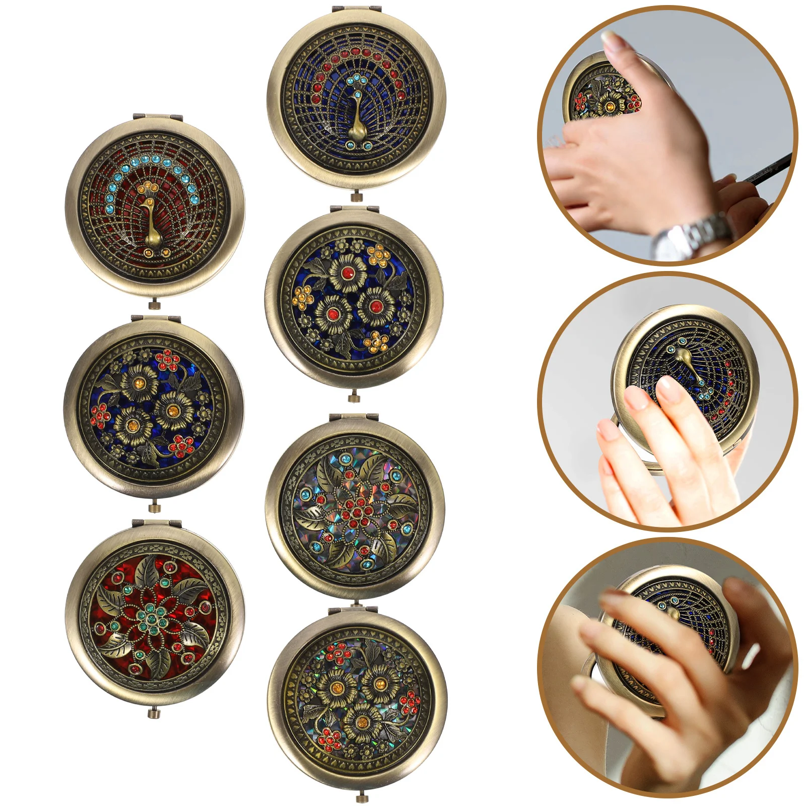 Miroir de poche pliable Double face pour sac à main de maquillage, motif Floral en alliage de Zinc Durable de 7cm