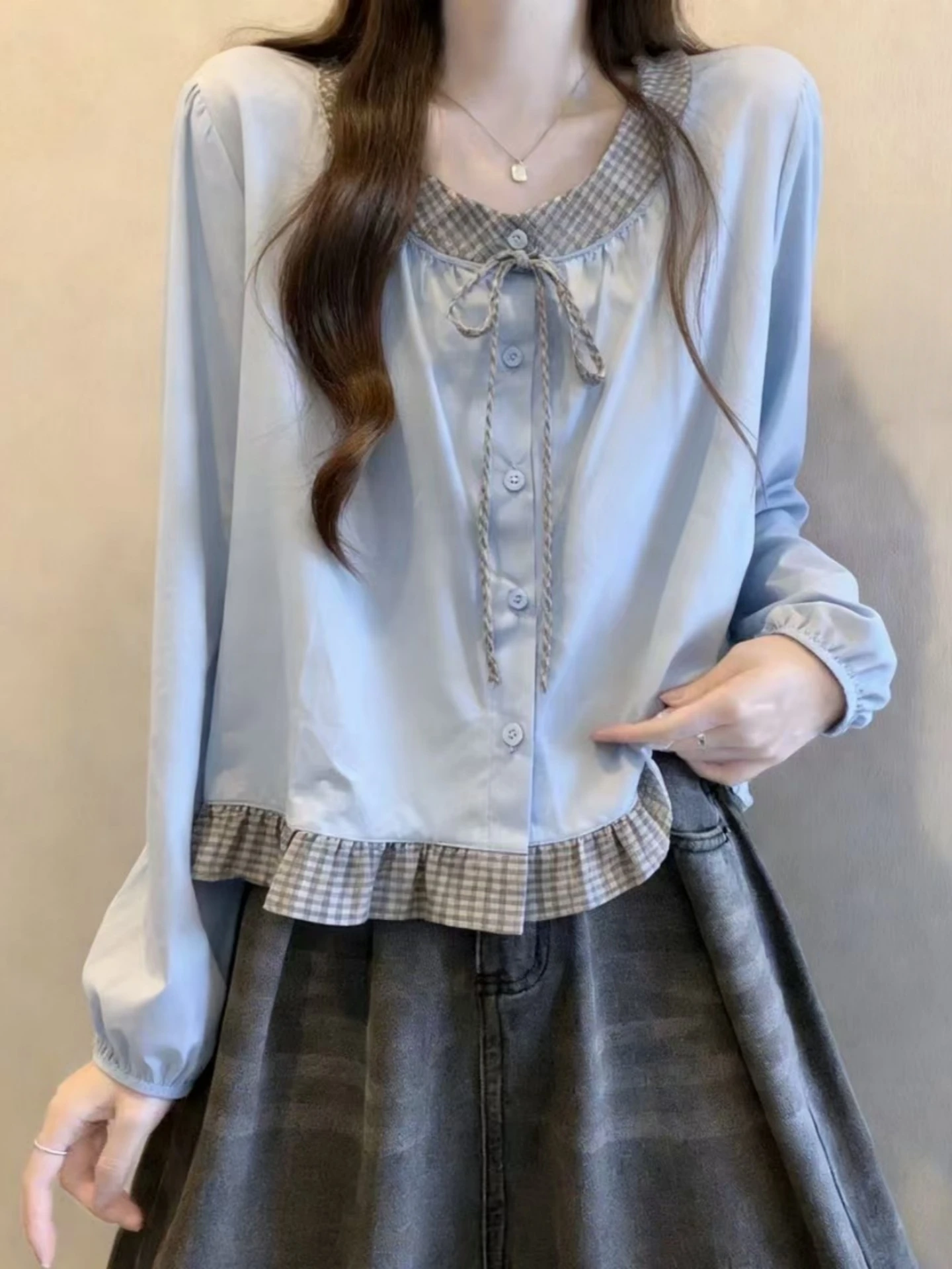 Slimming Plaid Short Sleeve Women's Shirt Spring Autumn New Style Large Size  Knot Top Base Layer Korean Style Strai...