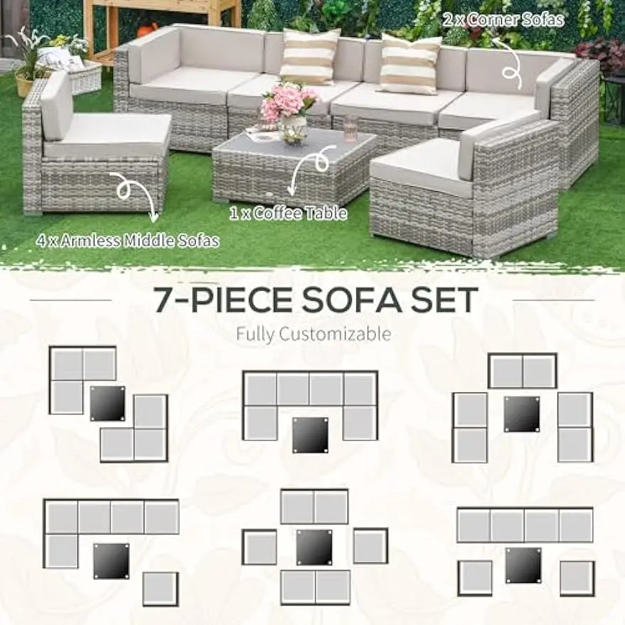 Outdoor Wicker Patio Móveis Set, All Weather PE Rattan Sofá secional Set com almofadas e mesa, 7 pcs