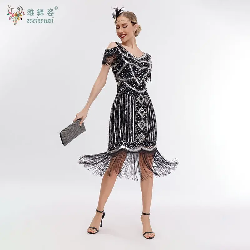 

Women Fringe 20s Flapper Evening Dress Gatsby Themed Party Dress Vintage V-neck Off Shoulder Luxury Sequin Beaded Cocktail Dress