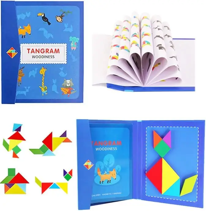 Wooden Magnetic  96 Patterns Tangram Kids Puzzles,Creative Travel Toy Gifts for Girls Boys 3 +,Toddler Children Portable Book