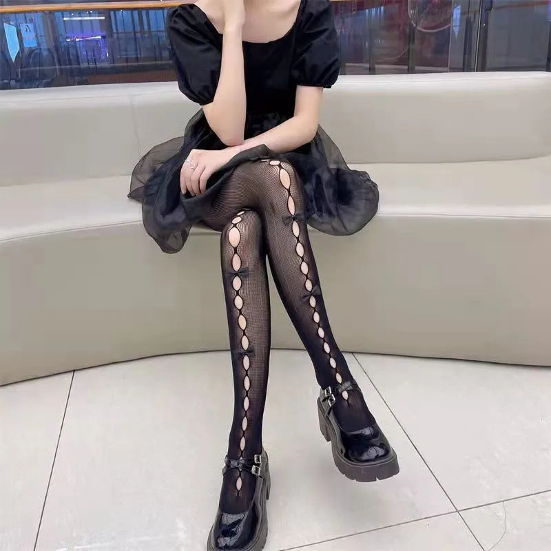 Lolita Cosplay Mädchen Schleifenknoten Netzstrumpfhose Sexy Dünne Ins-Trend Spitzenstrumpfhose Anime Socken Schwarz Weiß Netzstrümpfe Seidenstrümpfe