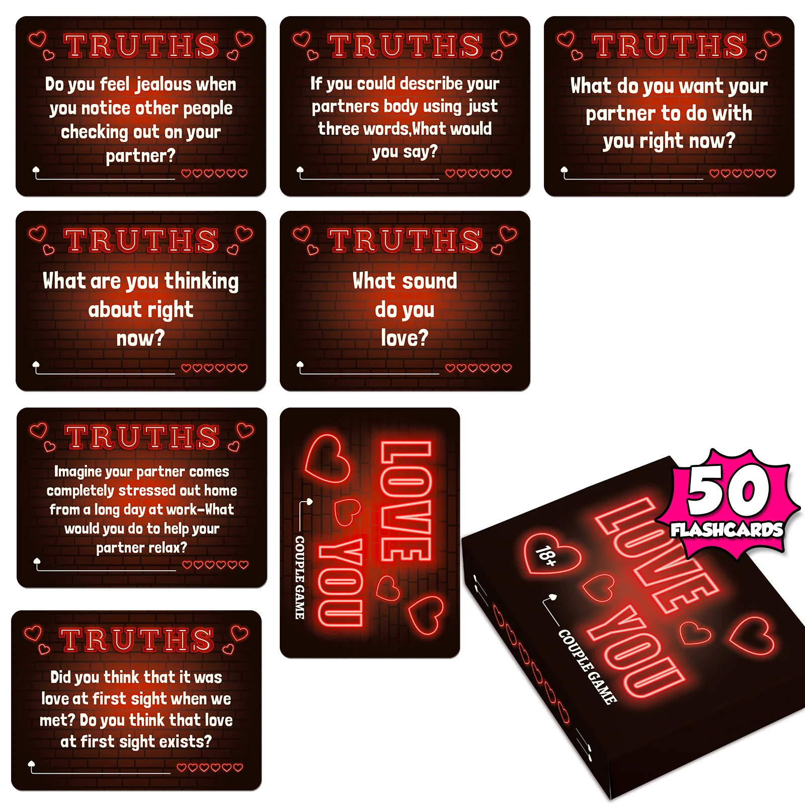 50 Cards Neon Lights Love You Romantic Sweet Couples Icebreakers Interactive Cards Truth Or Dare Desktop Game Props For Adults