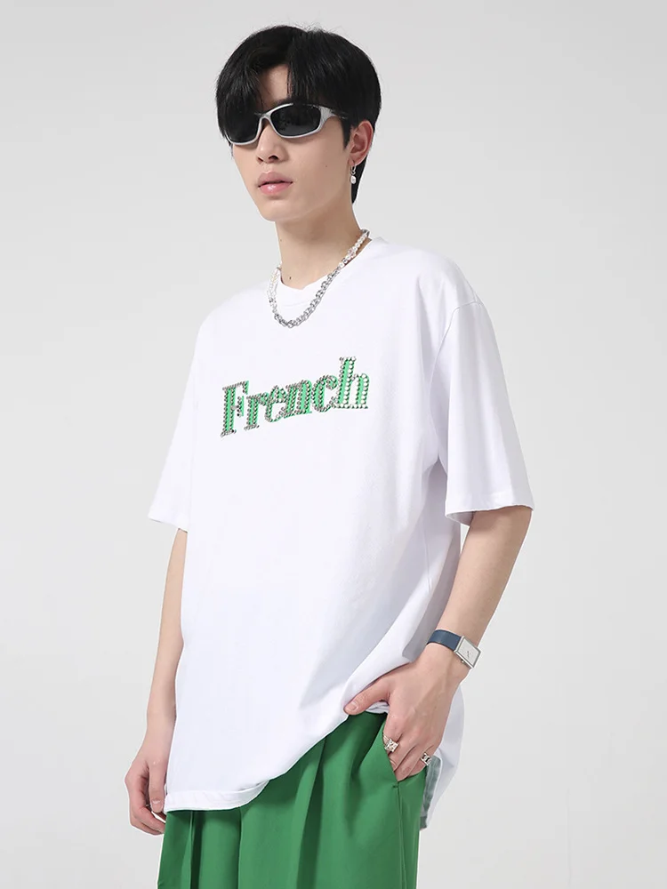 Decorated Letters Short Sleeve 2022 New Korean Style Temperament Solid Color Loose Men's Casual Tops Round Neck 2A2000