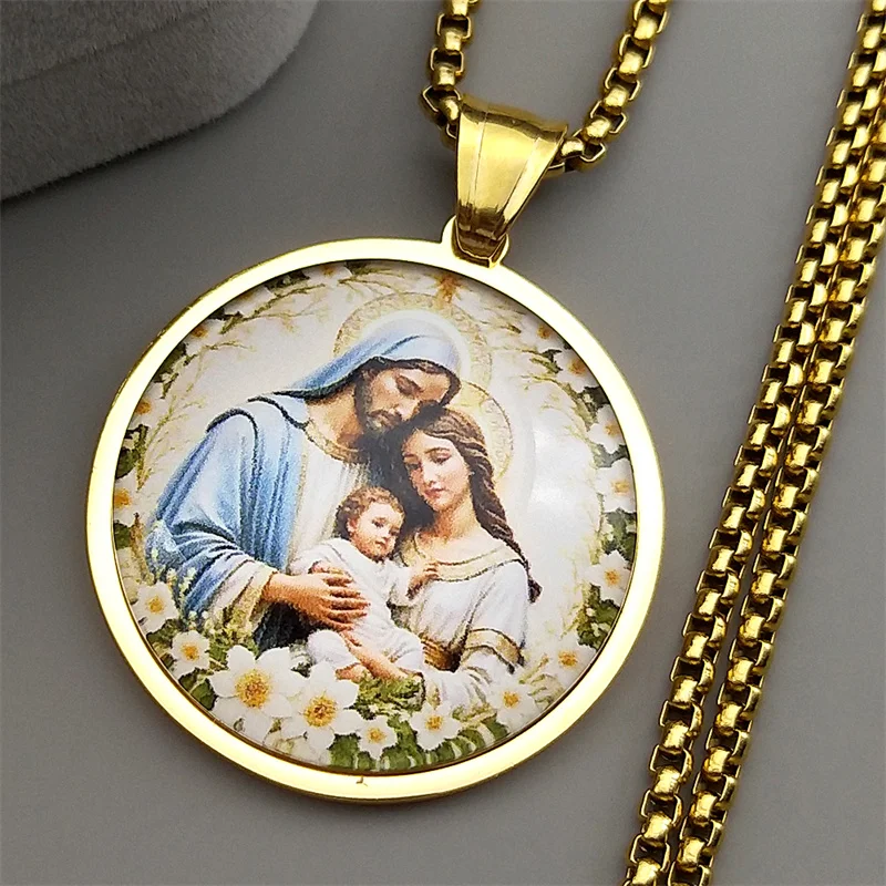 مريم العذراء الطفل يسوع الزجاج ميدالية قلادة مستديرة للنساء الرجال الفولاذ المقاوم للصدأ الذهب اللون سانت جوزيف تميمة المجوهرات #4