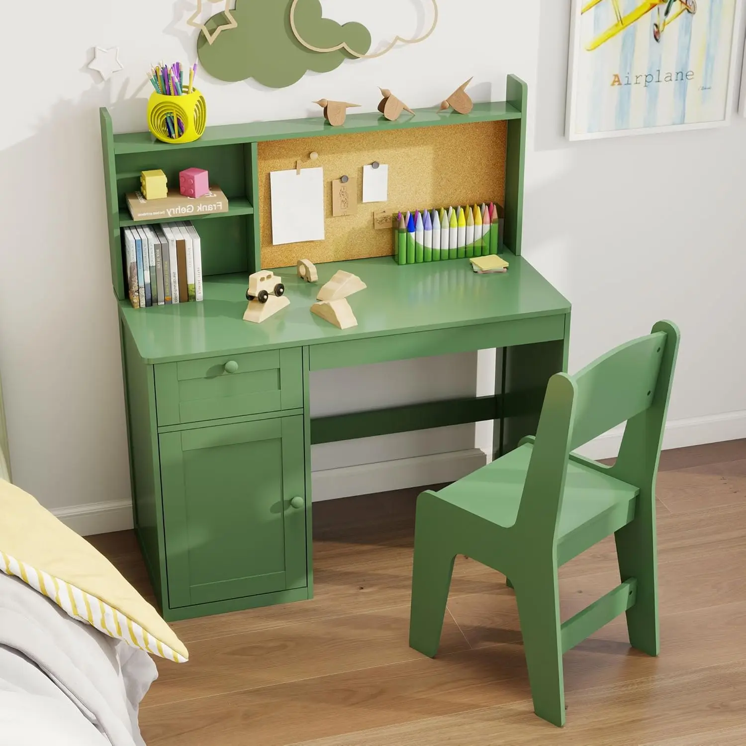 

Kids Study Desk with Chair Children Wooden Study Table with Hutch Storage Cabinet Kids Desk Chair Set for 5 12 Years Old
