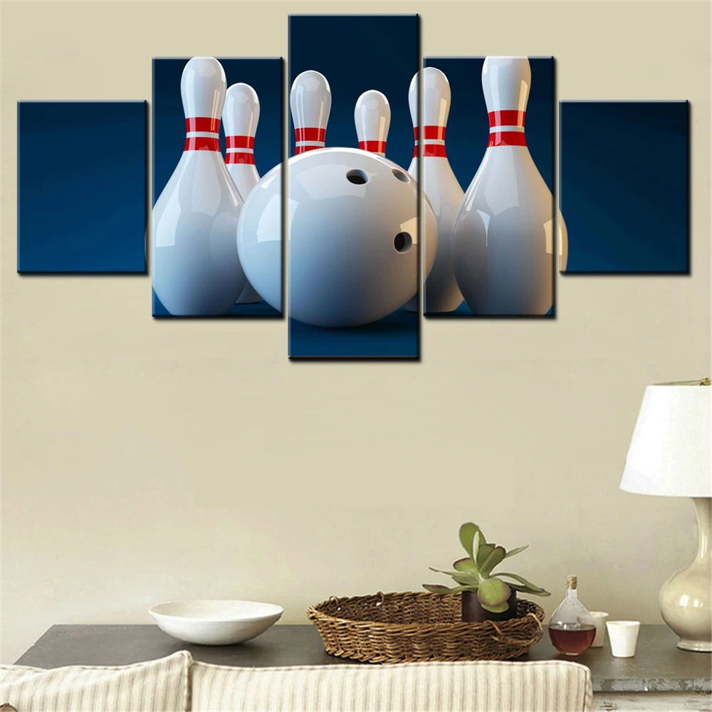 

5 Pieces Canvas Wall Arts Poster Painting Sports White Bowling Pins Wallpaper Home Decor Picture Printing For Living Room Arts